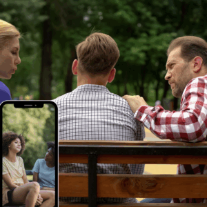 3 people on a bench with their backs to the camera